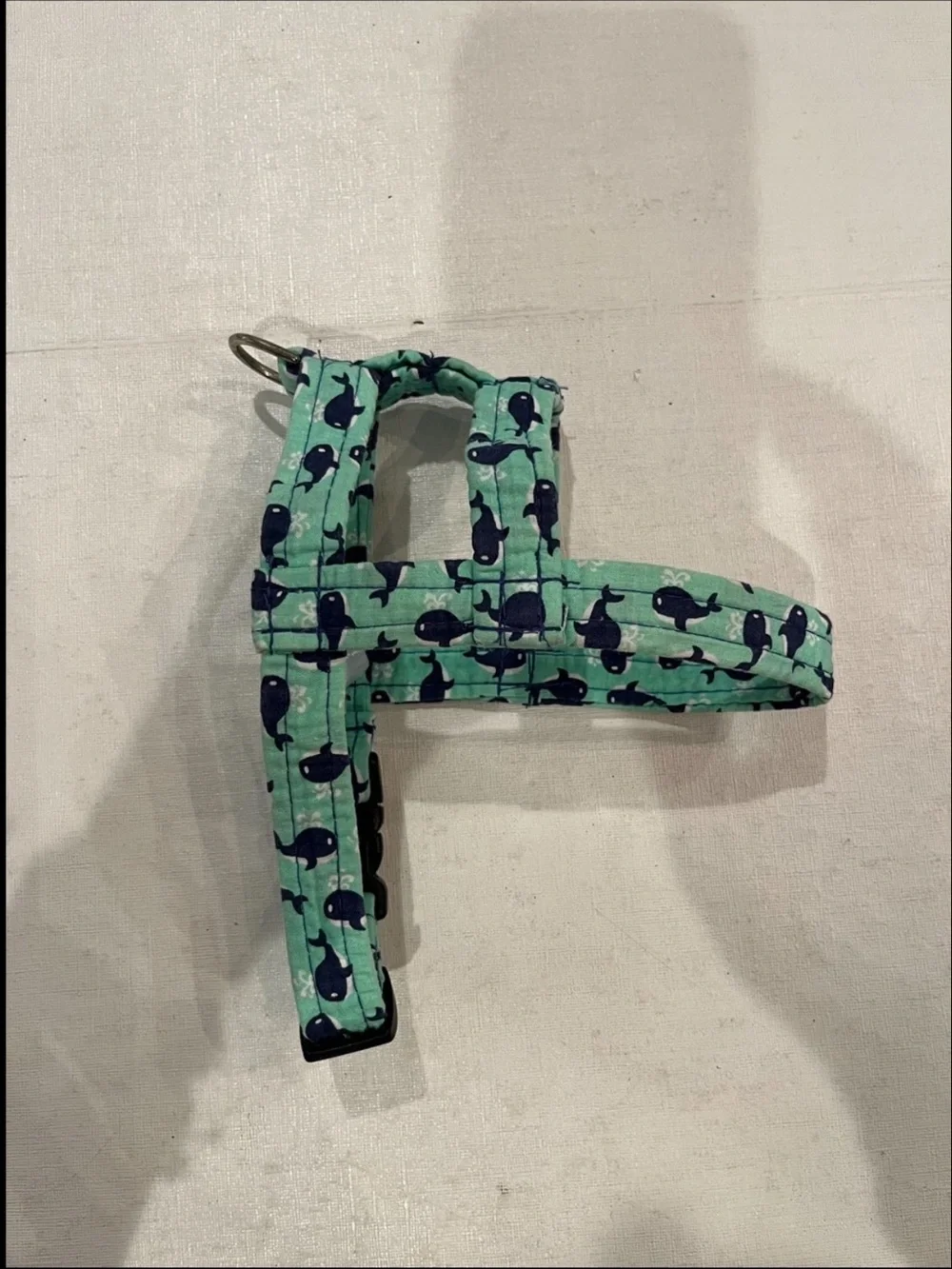 Handmade mint and navy blue Whale Print Adjustable Harness. Size Small